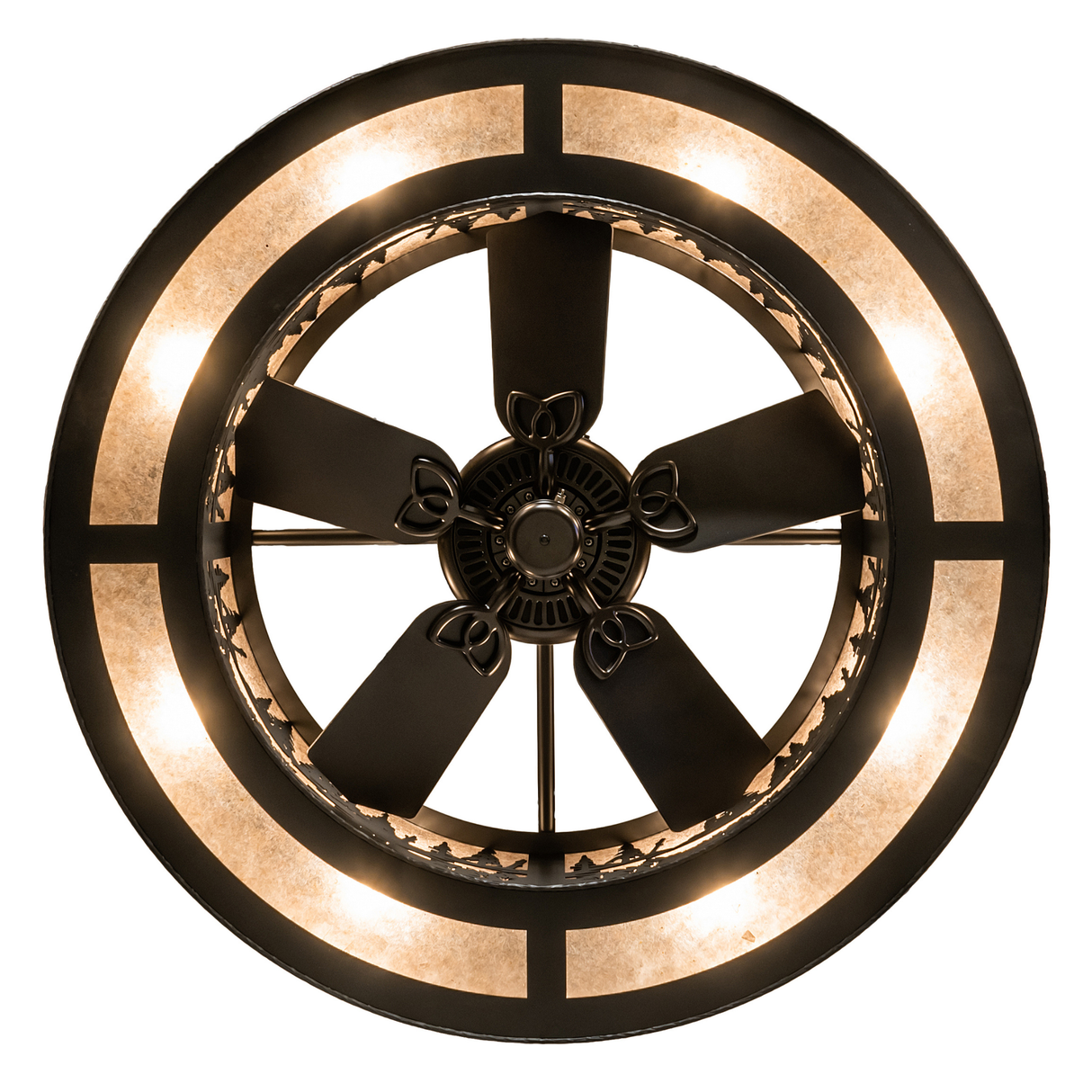 Close-up of fan within decorative pine forest frame.