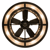Close-up of fan within decorative pine forest frame.