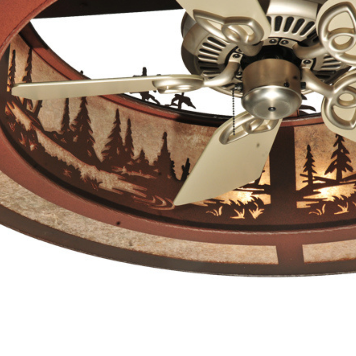 Close-up view showing fan blades and pine forest design.