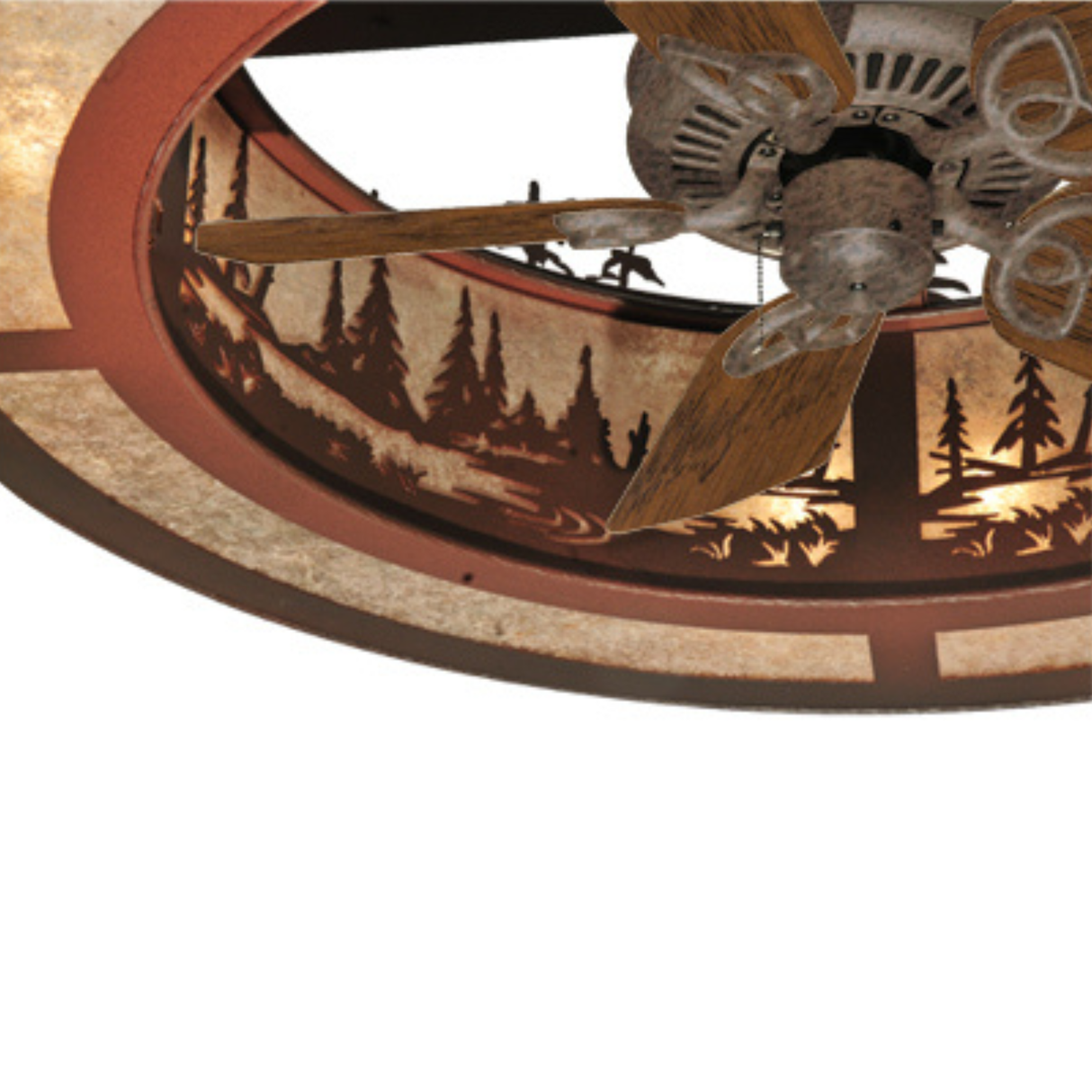 Close-up of fan blades and illuminated pine tree design.