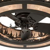 Close-up view of integrated fan and Silver Mica shade with forest cutout detailing.