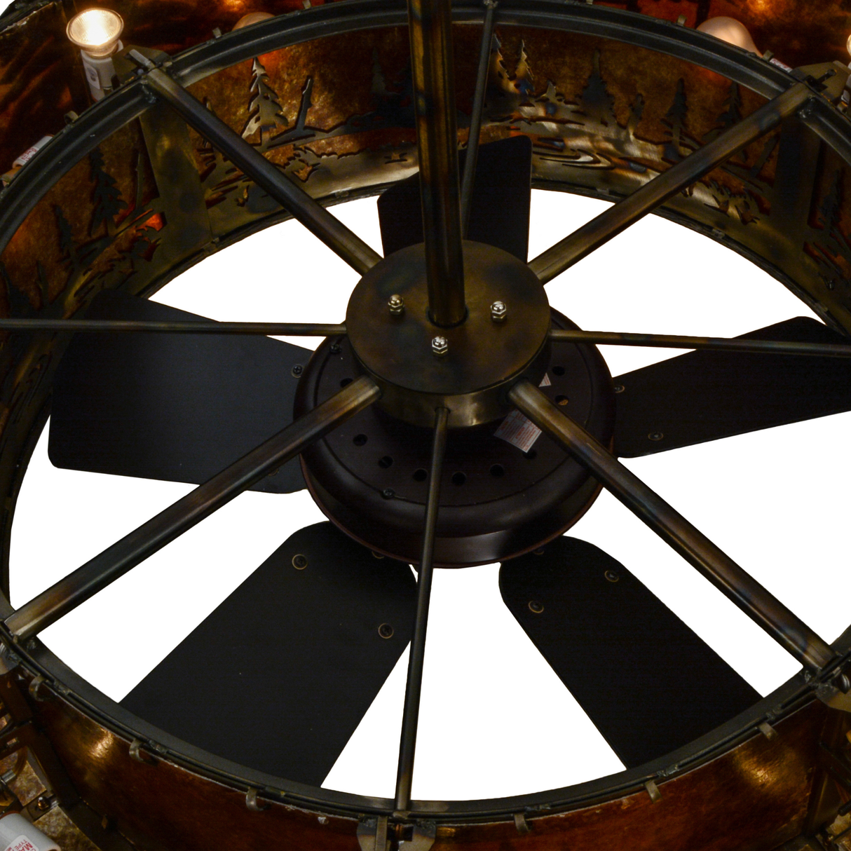 Top view showing internal fan blades and bulb layout inside Tall Pines Chandel-Air.