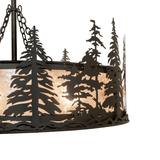 Artistic pine tree metal frame and chain detail of rustic chandelier fan.