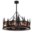 Front angle lit view showing pine tree silhouettes and mica shade.