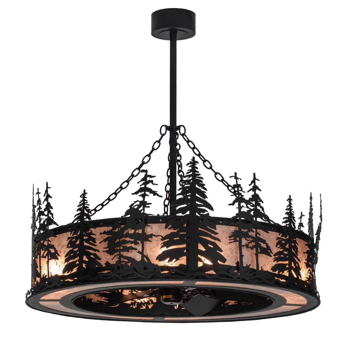 Front angle lit view showing pine tree silhouettes and mica shade.