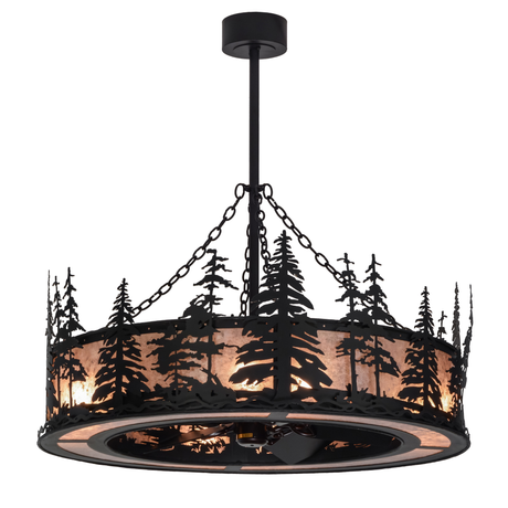Front angle lit view showing pine tree silhouettes and mica shade.