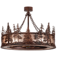 Front angle lit view showing pine tree silhouettes and mica shade glow.