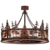 Front angle lit view showing pine tree silhouettes and mica shade glow.