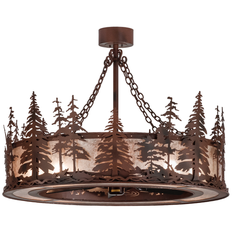 Front angle lit view showing pine tree silhouettes and mica shade glow.