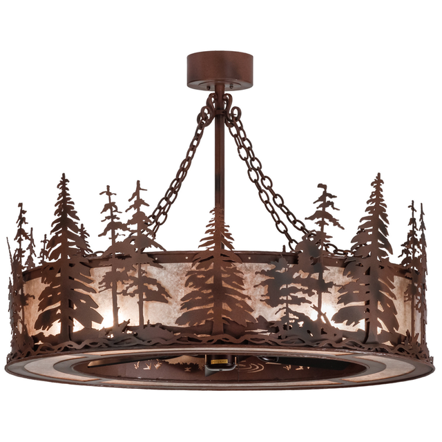 Front angle lit view showing pine tree silhouettes and mica shade glow.