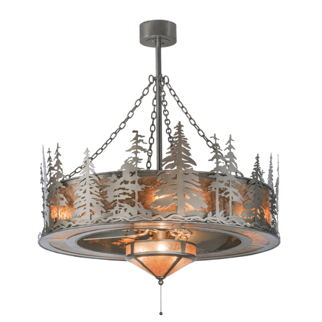 Front angle lit view showing tall pine cutouts and mica glow.