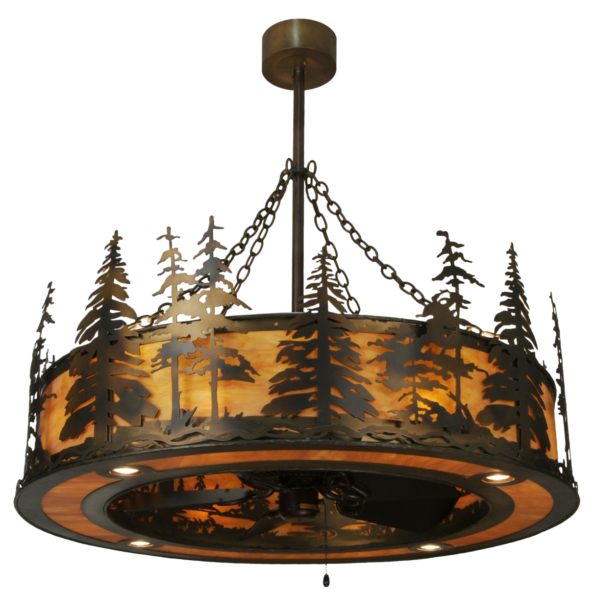 Front angle lit view showing pine tree design and amber glow.