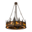 Front angled lit view showing pine tree silhouettes and amber mica glow.