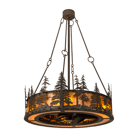 Front angled lit view showing pine tree silhouettes and amber mica glow.