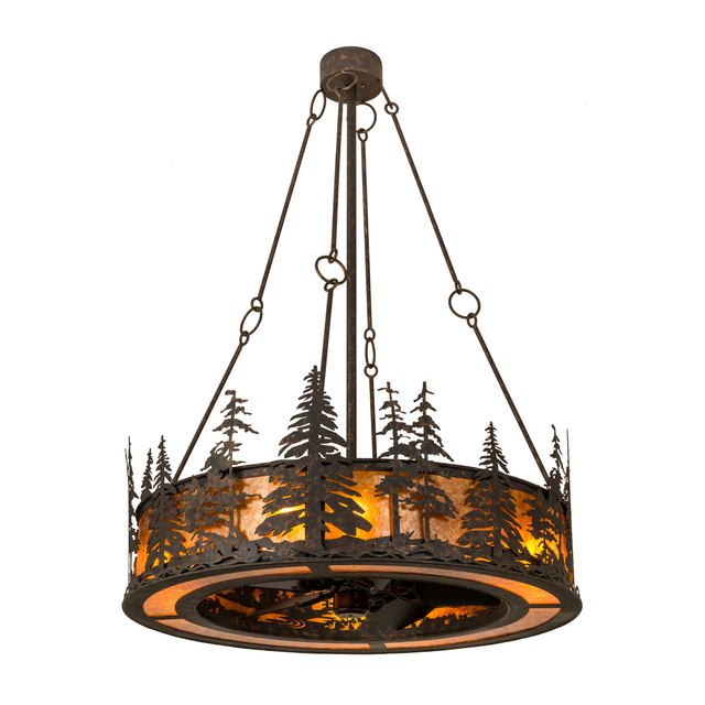 Front angled lit view showing pine tree silhouettes and amber mica glow.