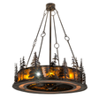 Front angled lit view showing glowing amber mica and pine design.