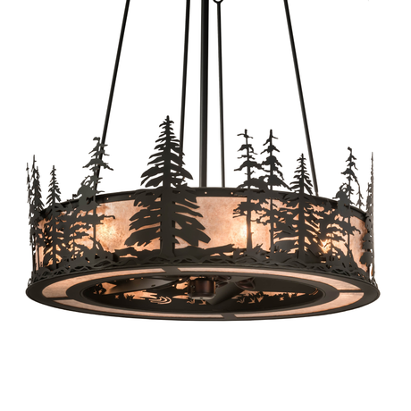 Front angled lit view highlighting silver mica glow and pine tree design.