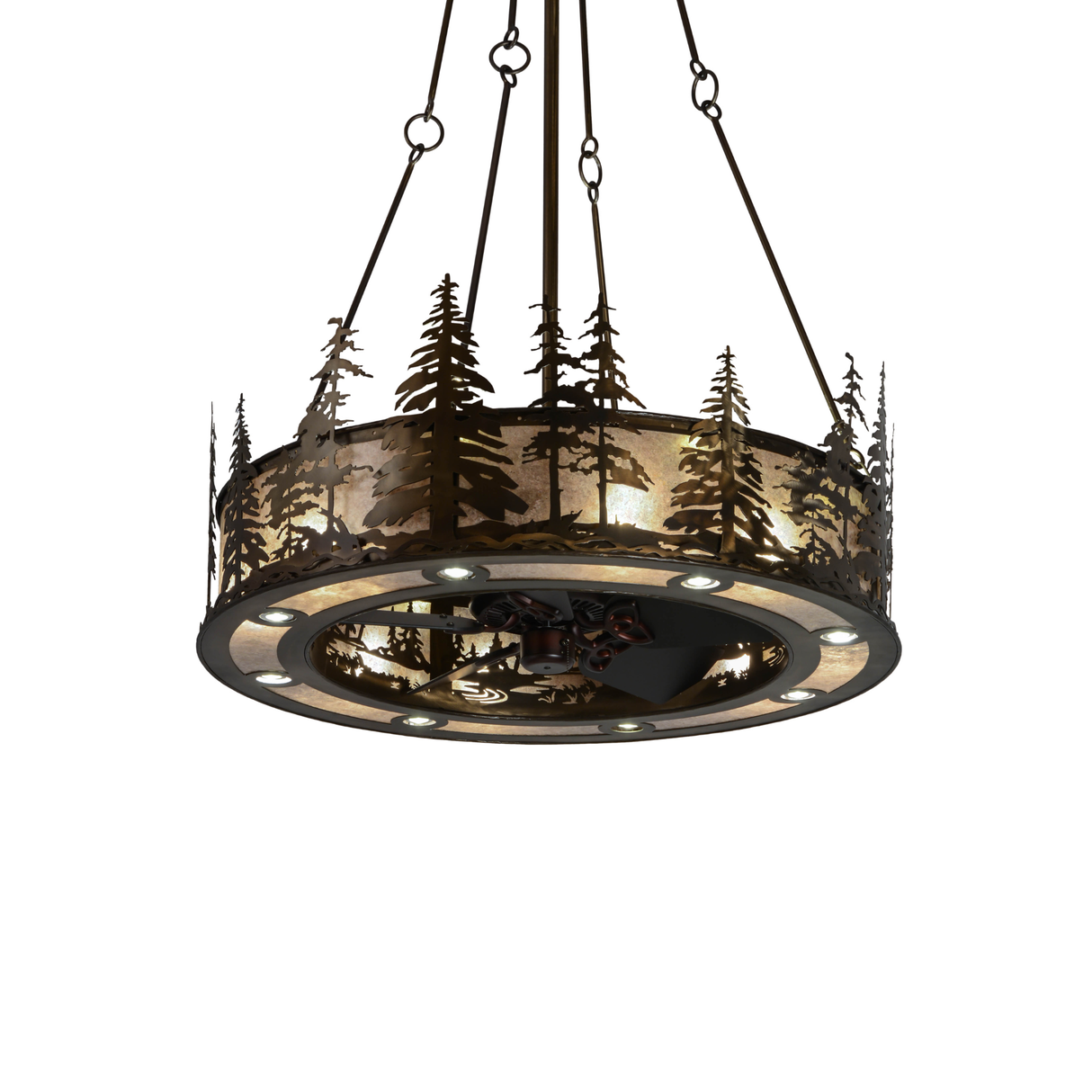 Front angled lit view showing glowing mica shade and pine tree silhouettes.