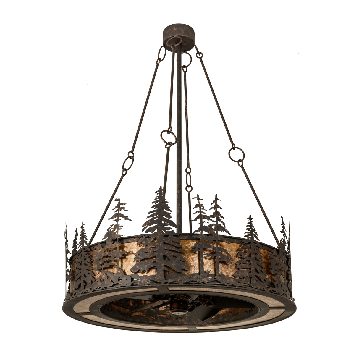 Front angled unlit view showing forest metalwork and copper rust finish.