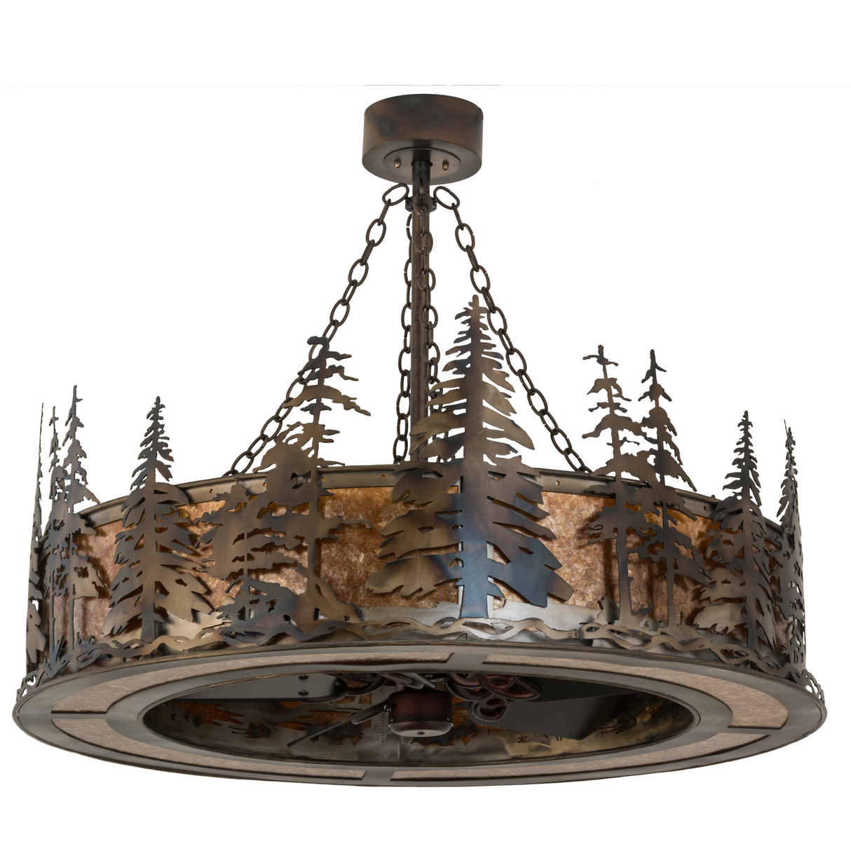 Front unlit view showing Tall Pines Chandel-Air’s rustic copper finish.