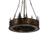 Front angled unlit view highlighting metal pine tree details and fan blades.