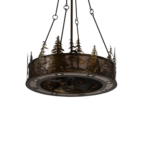 Front angled unlit view highlighting metal pine tree details and fan blades.