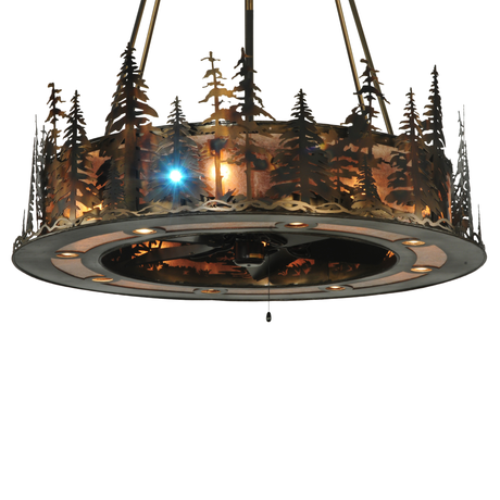 Front view showing forest-themed metal design with lighted interior.