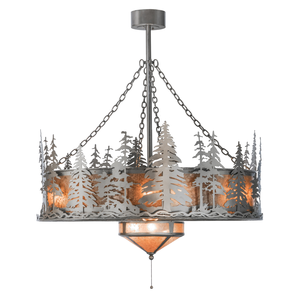 Side lit view showing layered pine forest detail and fan light.