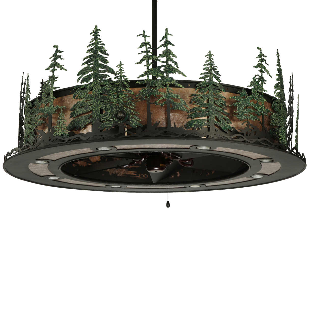 Front unlit view of Tall Pines Chandel-Air showcasing green pine forest metal design.