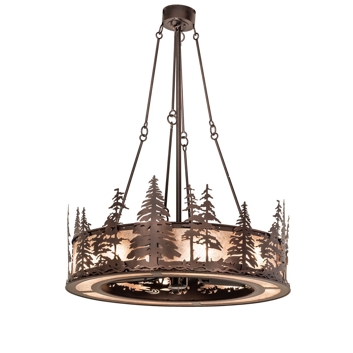 Tall Pines Chandel-Air with bronze pine tree silhouettes and mica diffuser.