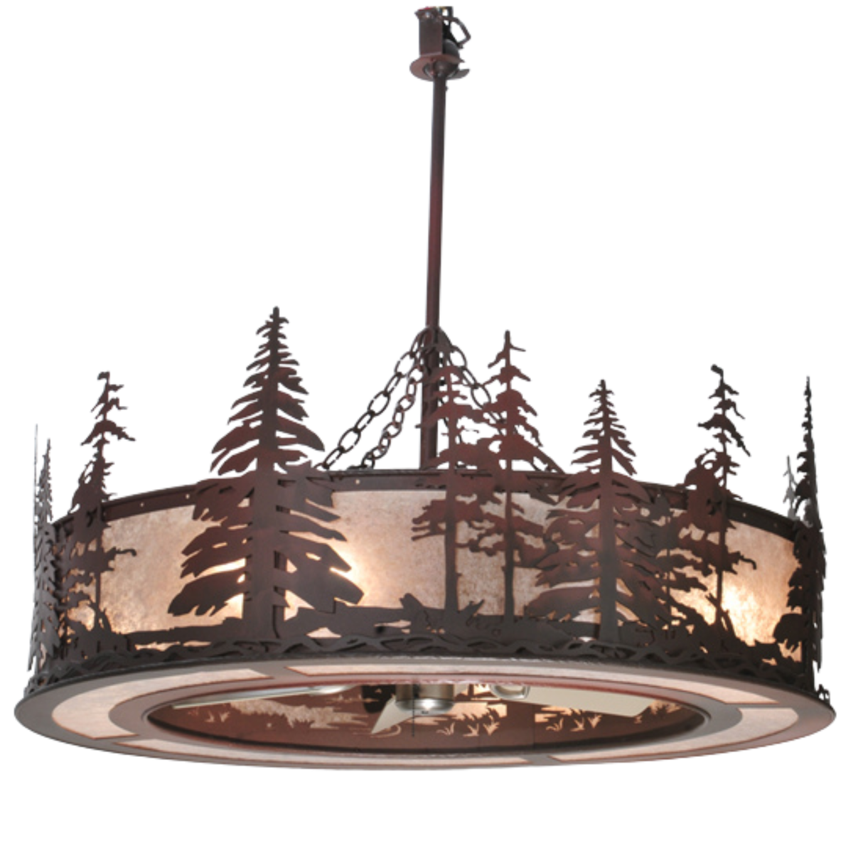 Tall Pines Chandel-Air front view with silver mica shade and pine design.