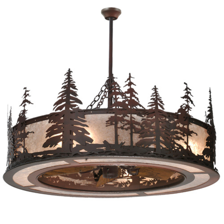 Tall Pines Chandel-Air front view with silver mica shade glowing.