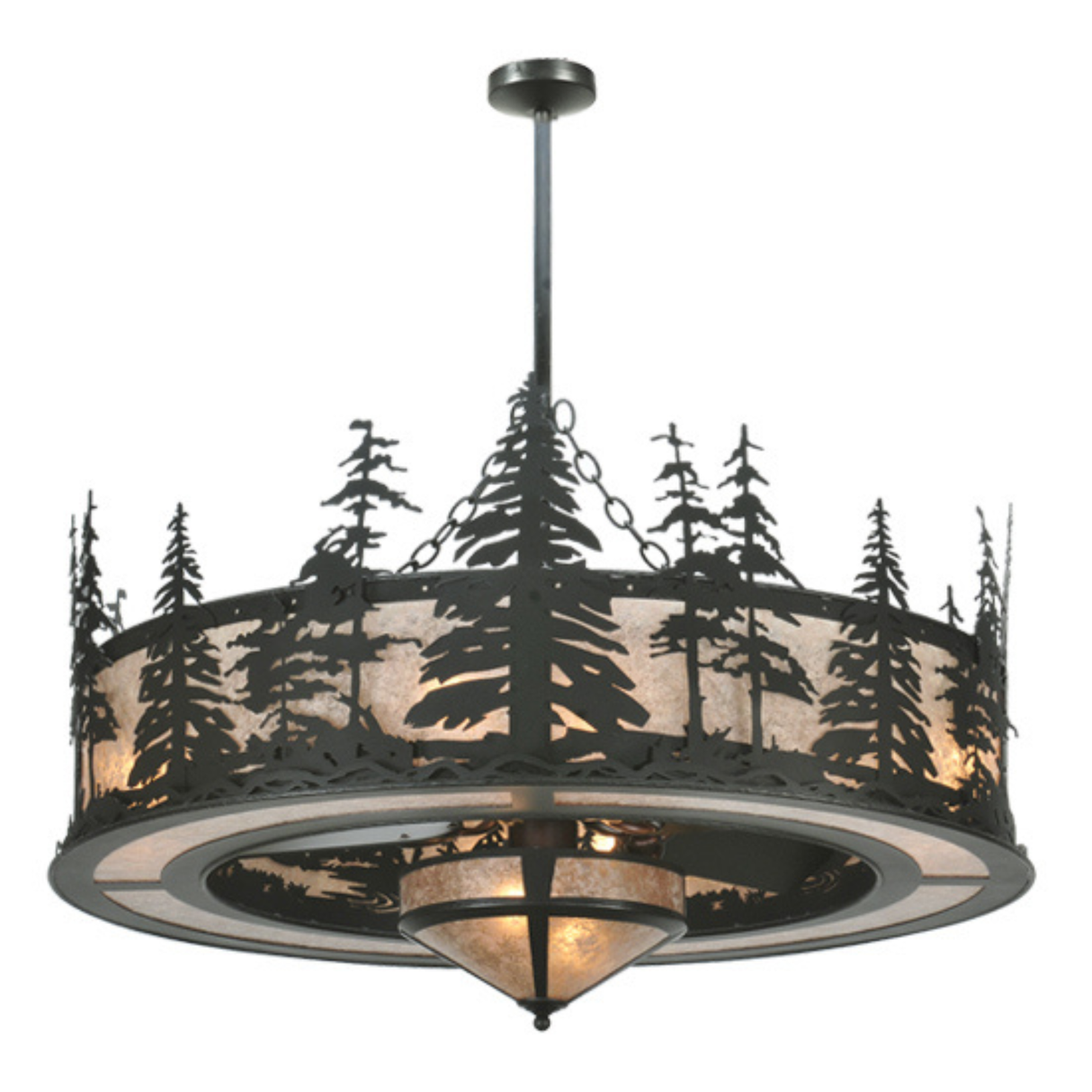 Tall Pines Chandel-Air front view lit with forest design.