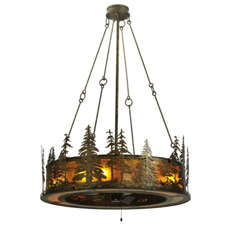 Tall Pines Chandel-Air front view lit with bronze pine tree design.
