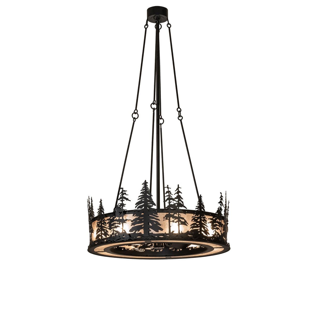 Full hanging view of Tall Pines Chandel-Air with tall suspension rods.