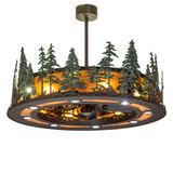 Tall Pines Chandel-Air lit front view with green pine accents and amber glow.