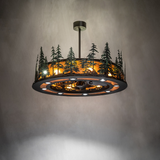 Tall Pines Chandel-Air lighting a rustic room with warm amber illumination.