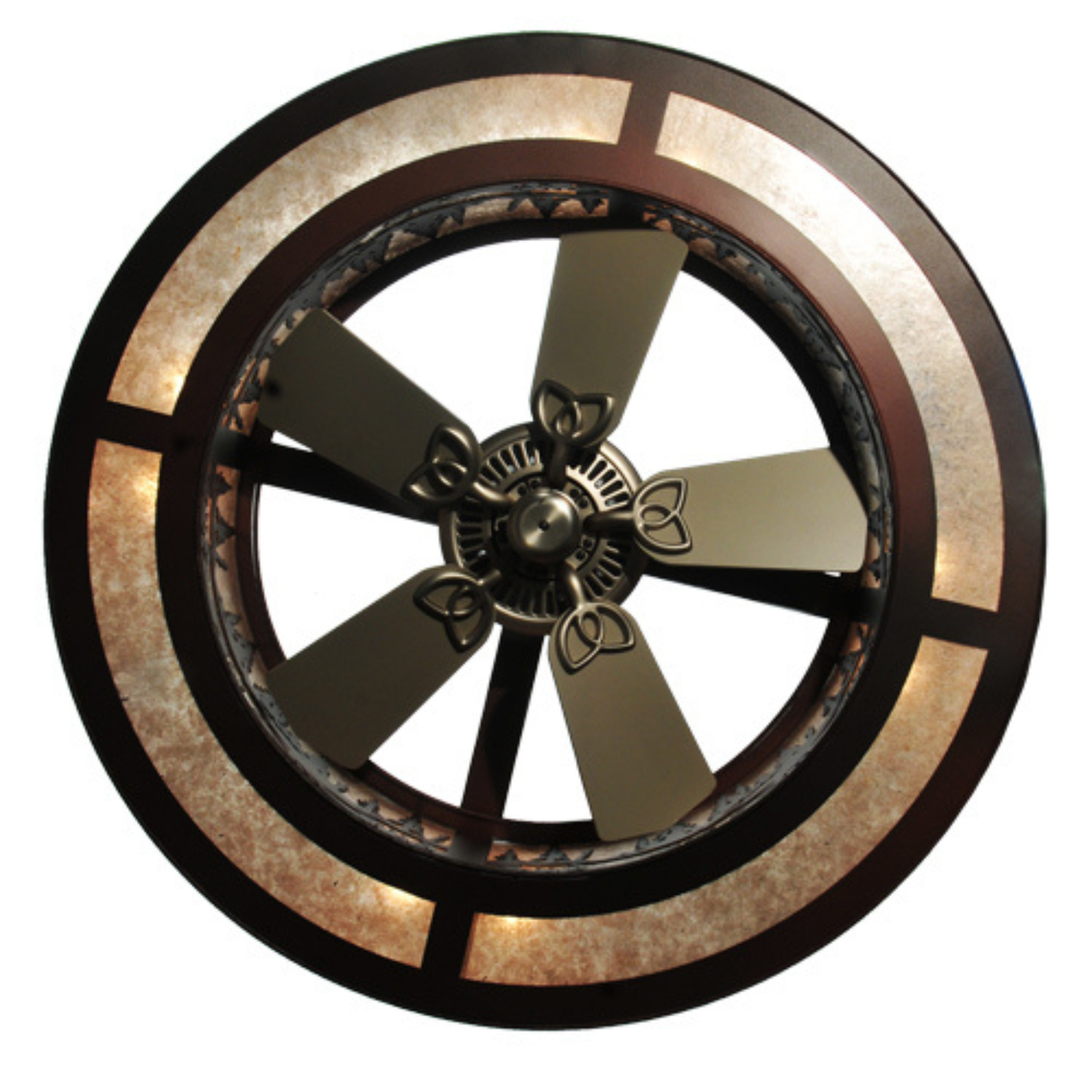 Illuminated bottom view showing warm mica ring and fan blades.