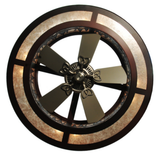 Illuminated bottom view showing warm mica ring and fan blades.