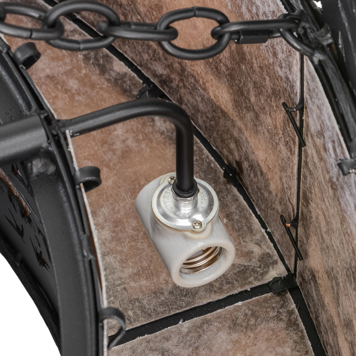 Interior lighting view showing bulb socket and mica lining detail.