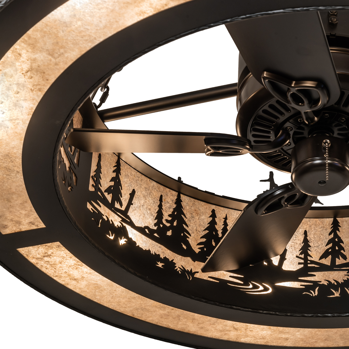 Inner ring view showing fan blades and forest pattern cutouts.