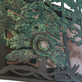 Detailed view of pine tree cutouts with rustic hand-finished texture.