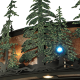 Close-up of LED spotlight and pine tree metal art on Tall Pines Chandel-Air.