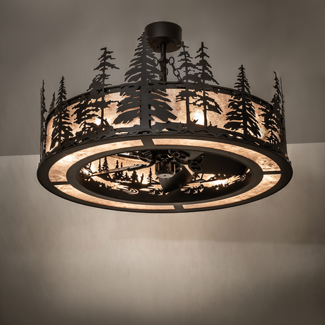Tall Pines chandelier fan with glowing Silver Mica diffuser and pine tree design.