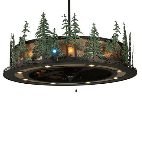 Tall Pines Chandel-Air glowing warmly with pine tree silhouettes and mica diffuser.