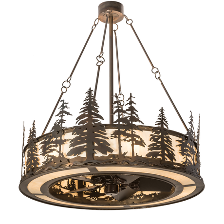 Lit angled view of Tall Pines Chandel-Air with forest pine design.