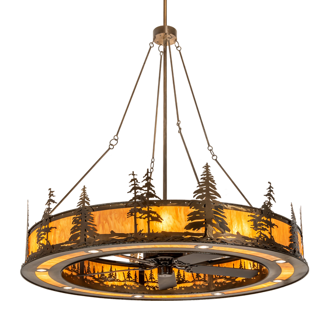 Warm lit angled view of Tall Pines Chandel-Air with pine tree design.