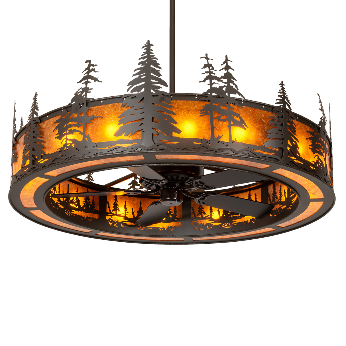 Lit angled view showing pine tree silhouettes and amber mica glow.