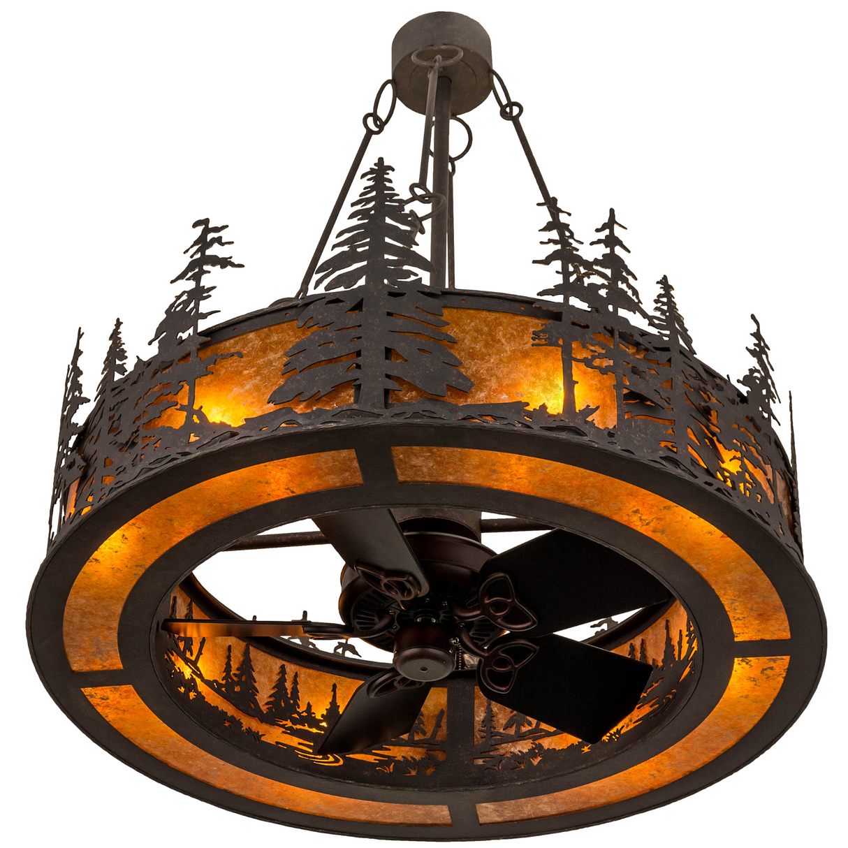 Bottom angled view with fan blades framed by forest silhouettes.