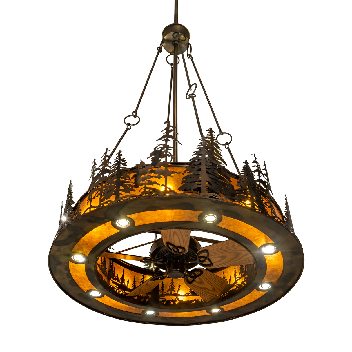 Bottom angled lit view showing fan blades and amber diffuser.